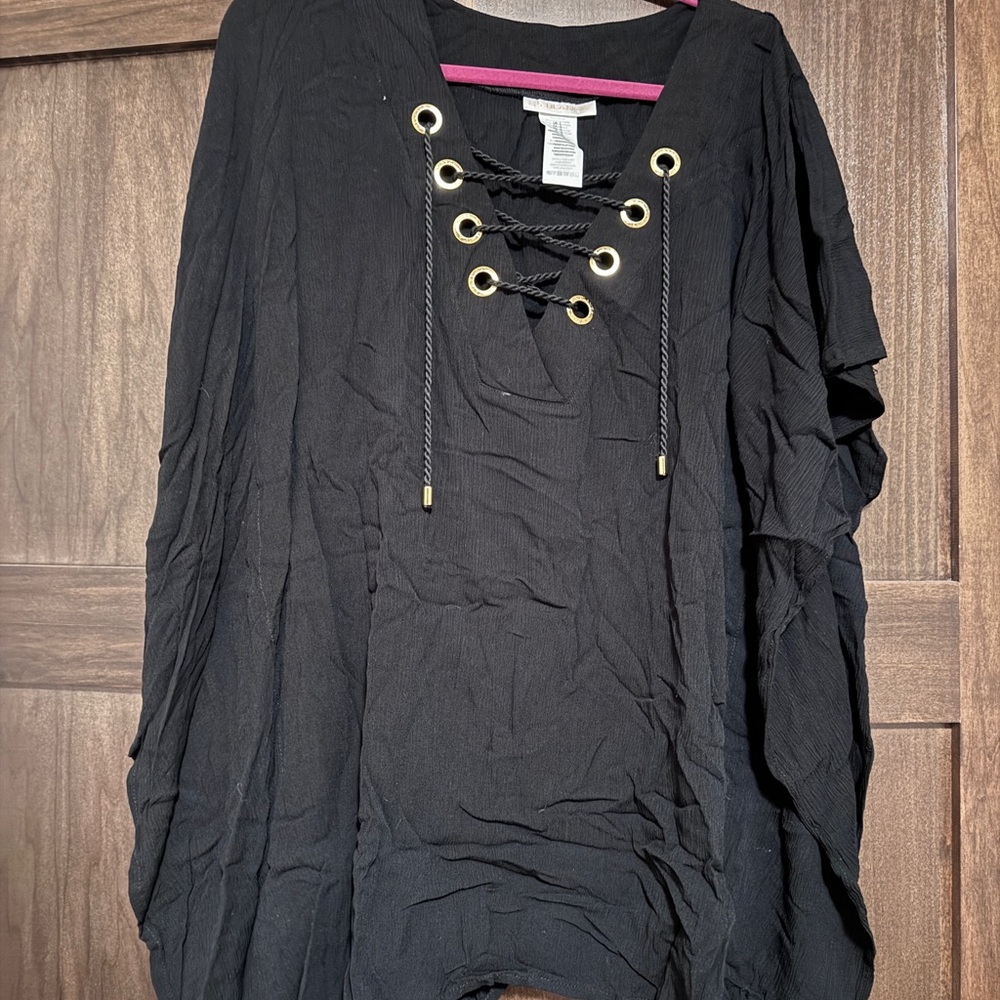 La Blanca Black Lace-Up V-Neck Tunic Swim Coverup with Gold Eyelets